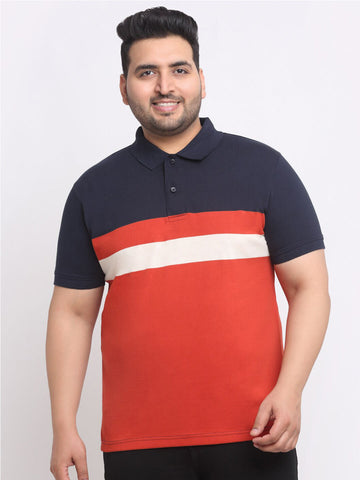 plusS Plus Size Rust Striped Polo Collar Cotton T-shirt