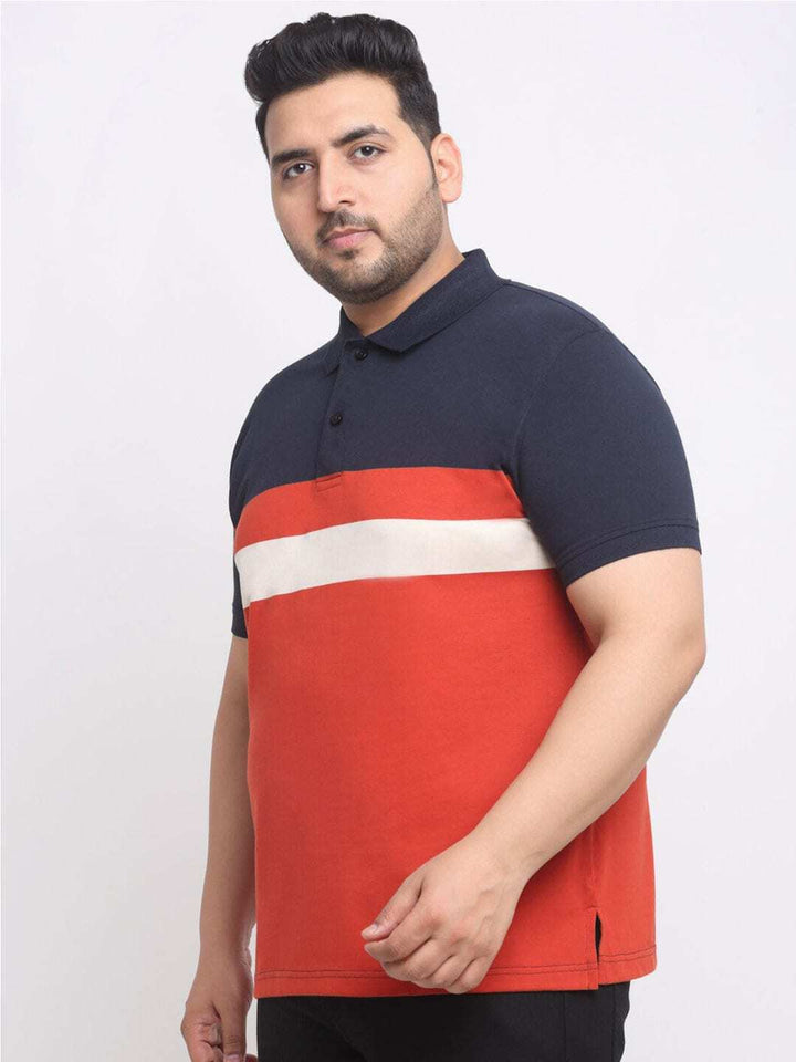 plusS Plus Size Rust Striped Polo Collar Cotton T-shirt